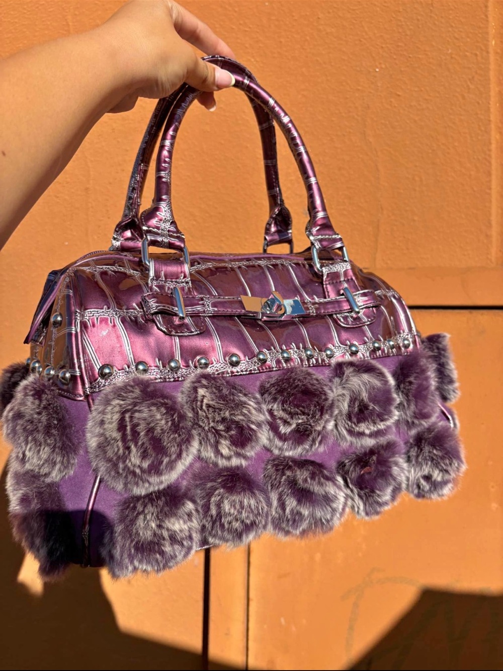 Purple Faux Fur Accent Satchel Handbag